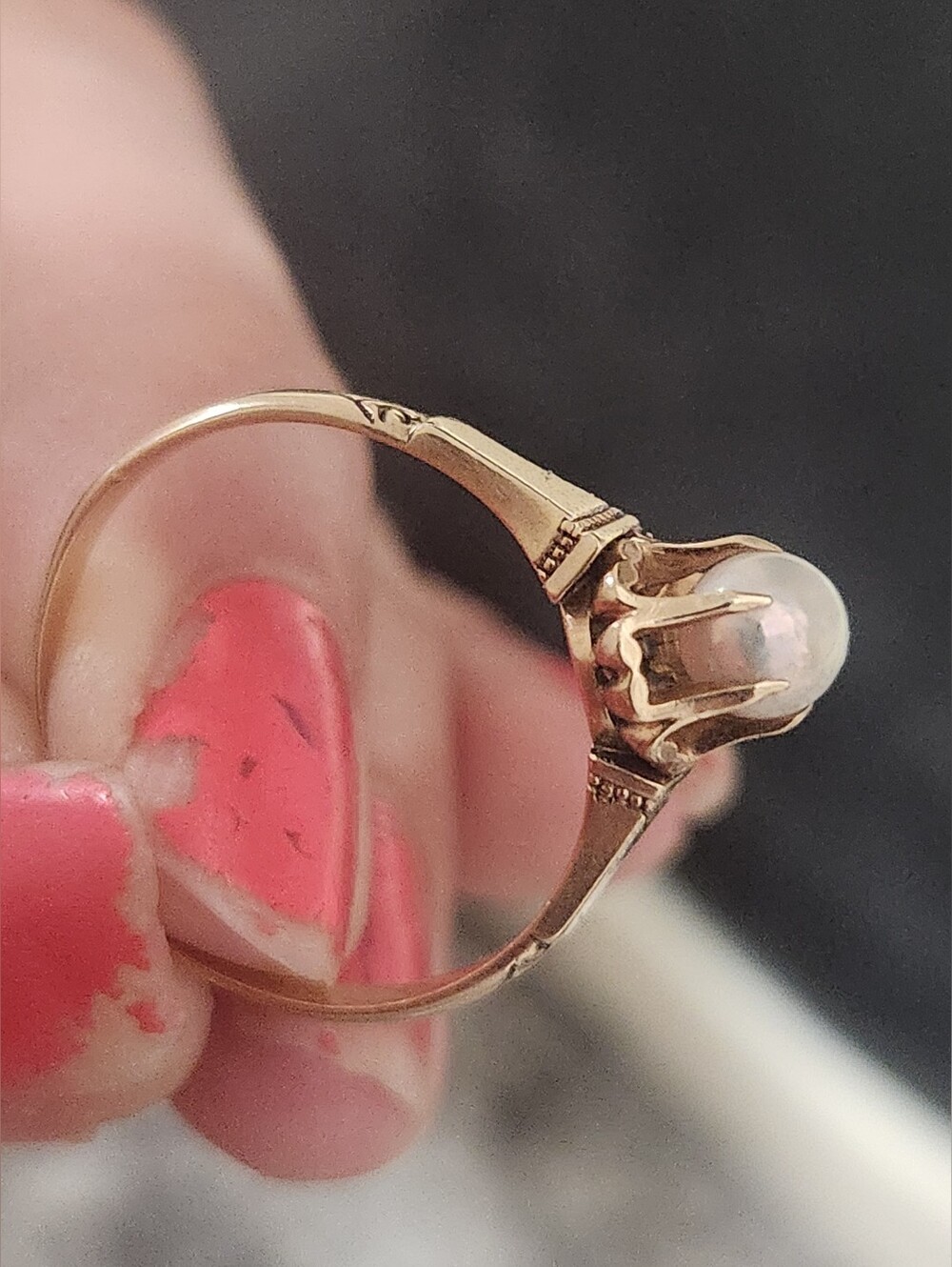 Antique 14k ylw gold Edwardian 6-prong buttercup setting natural pearl ring - Picture 9 of 16